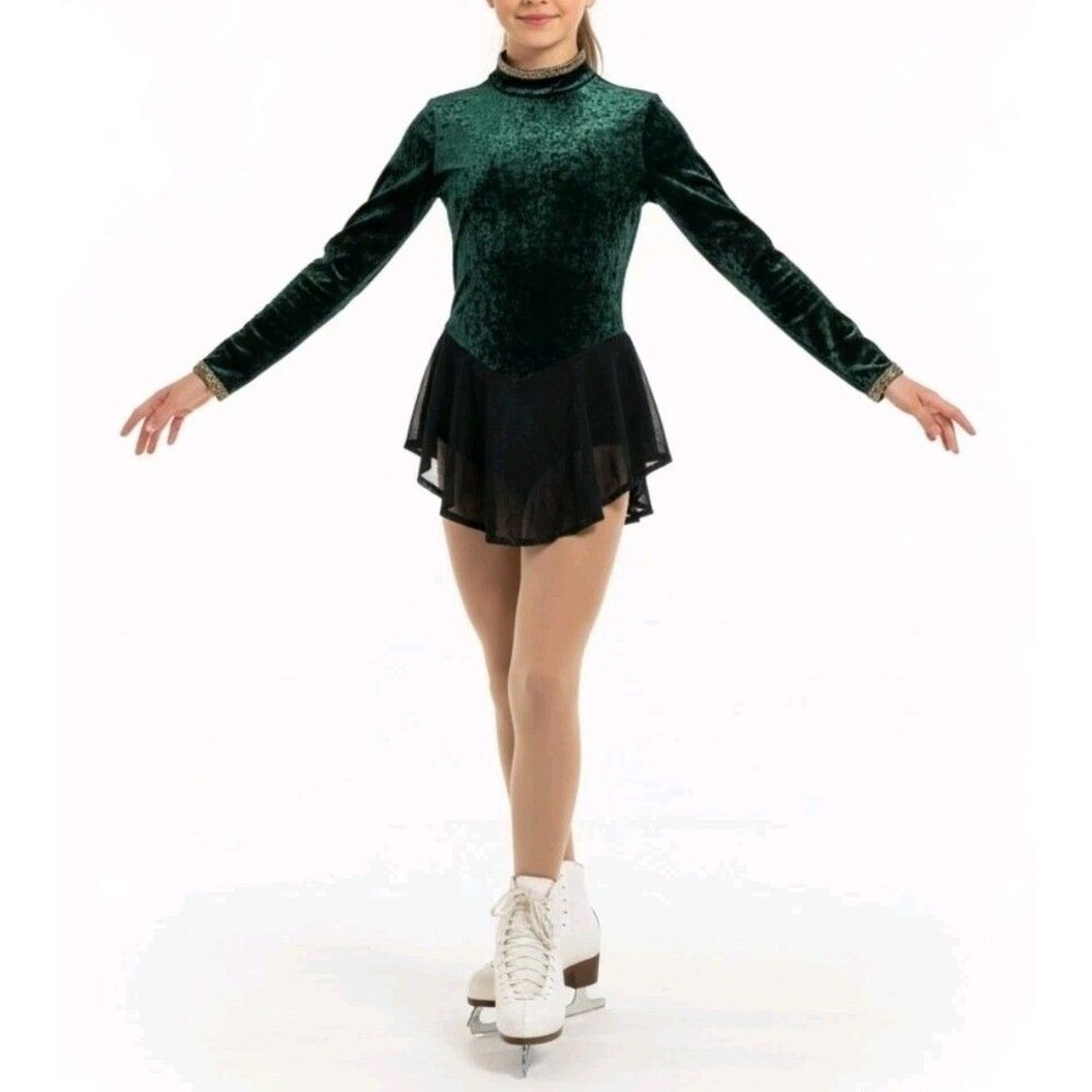 Gilda Marx VTG Crushed Velvet High Neck Glitter LS Leotard Dress Green XS (Y/J)